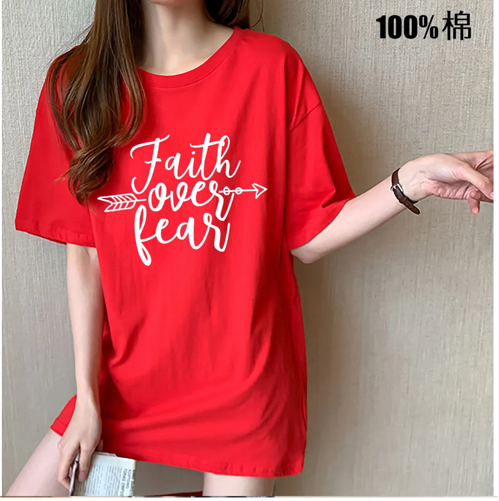 Faith Over Fear Arrow Print Christian Women Harajuku T Shirts Round Neck Graphic Tees Female Casual T-shirt Jesus Vintage Tops