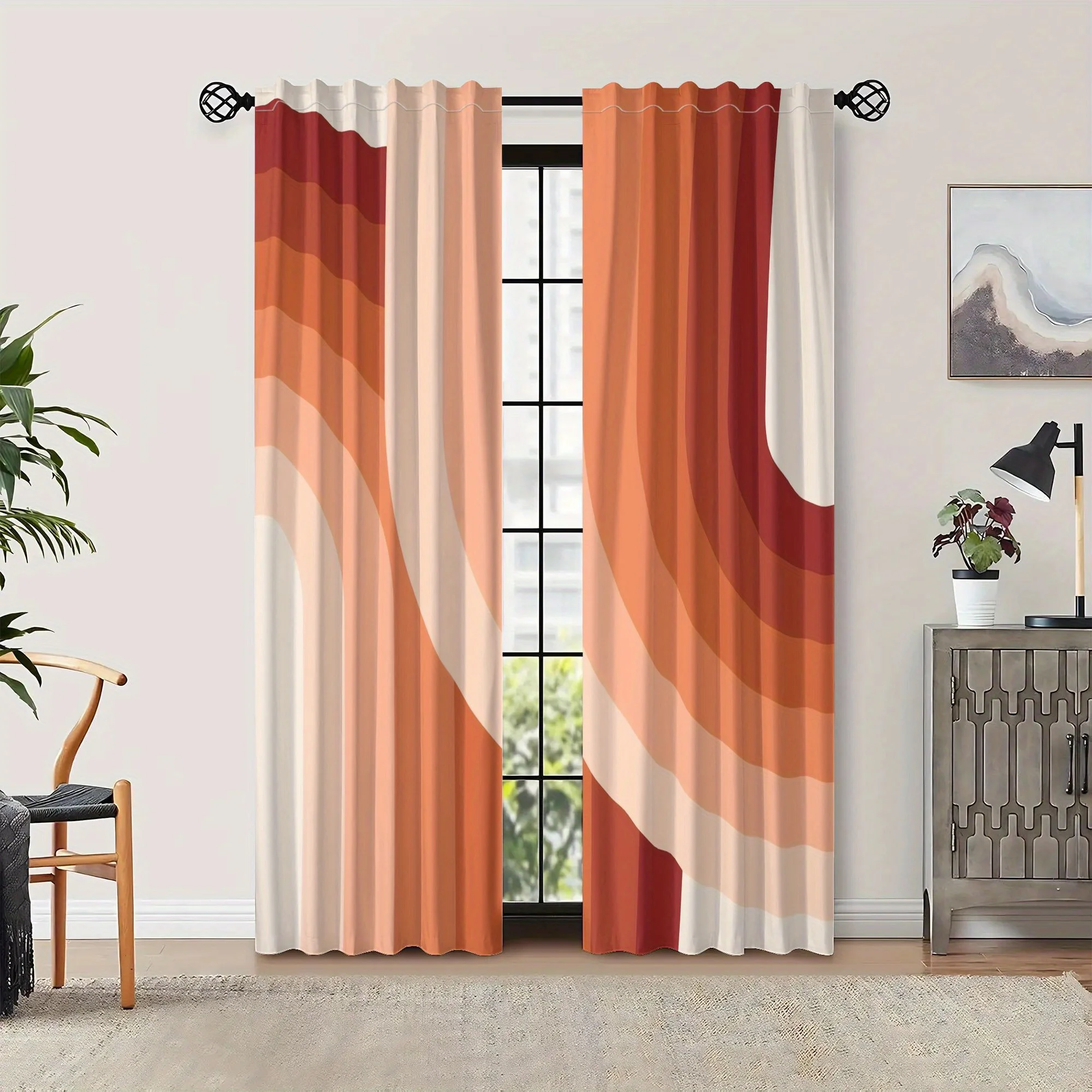 Stylish Abstract Wave Pattern Curtains Set 2 Pcs Modern Peach Beige Window Drapes for Living Room Bedroom Home Decor