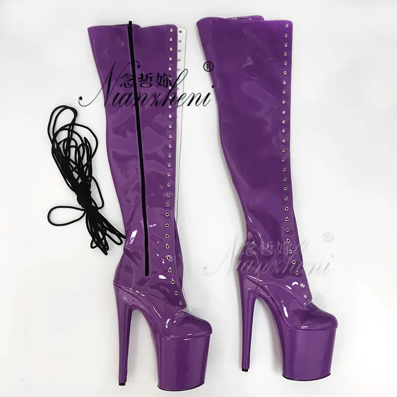 Purple Knee high Boots Long 8inches High Heels 20cm Pole Dance Exotic Lace Up platform Stripper Sexy Fetish Cross dressing props