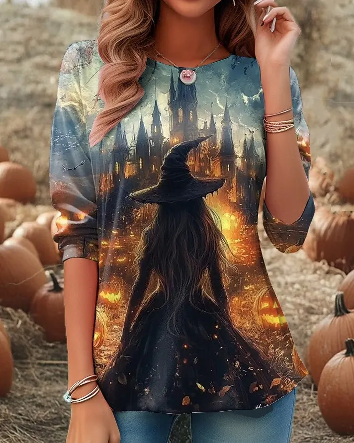 

Women Long Sleeve Tops Casual Graphic 2025 Halloween Witch Tee Shirts Blouse Crewneck Fall Winter Streetwear Style Pullover