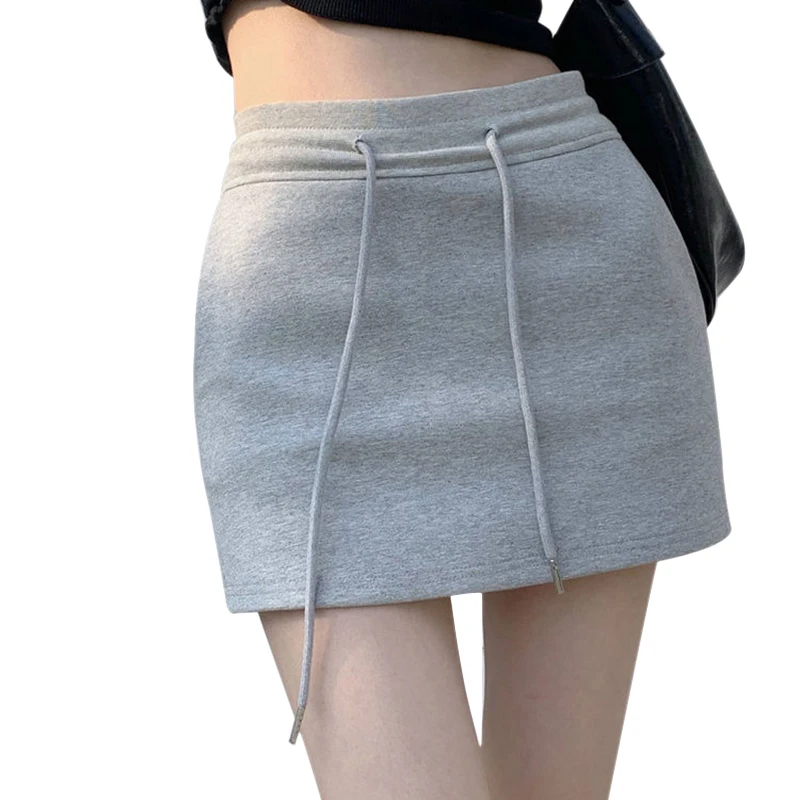 Women Summer Drawstring Casual Sweatshirt Skirt Sports High Waist Solid Color Half-body Skirt Skinny Short Skirt Pants