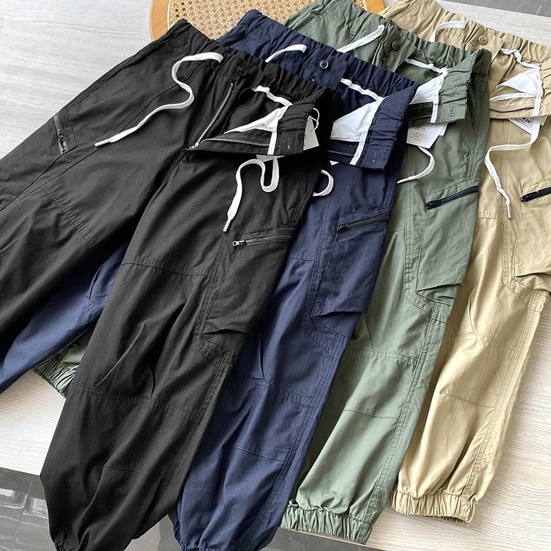 

Trendy Men's Work Pants Elastic Waist Dstring Cuffed Casual Long Trousers Straight Leg ket Detail Summer Youth Faion