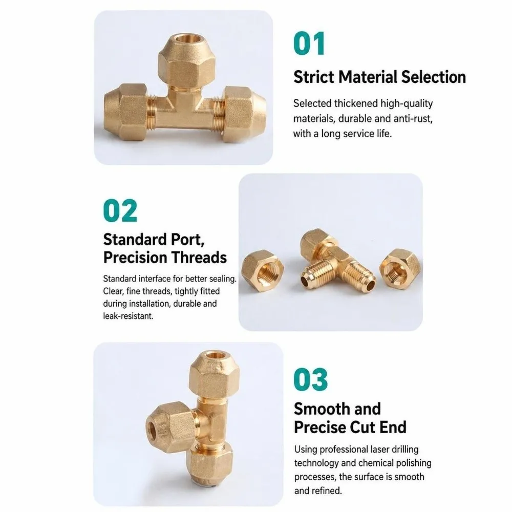 SAE-Standard Flare Fitting Connector Male Thread 3-Way Design Tube Coupler Adapter Multiple Sizes Brass Material SAE Flare Tee