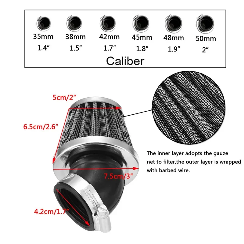 Motorcycle Air Filter 35mm 38mm 42mm 45mm 50mm Cleaner Motorbike Clamp-on 45 Degree Bend Air Intake Mushroom Head Filters