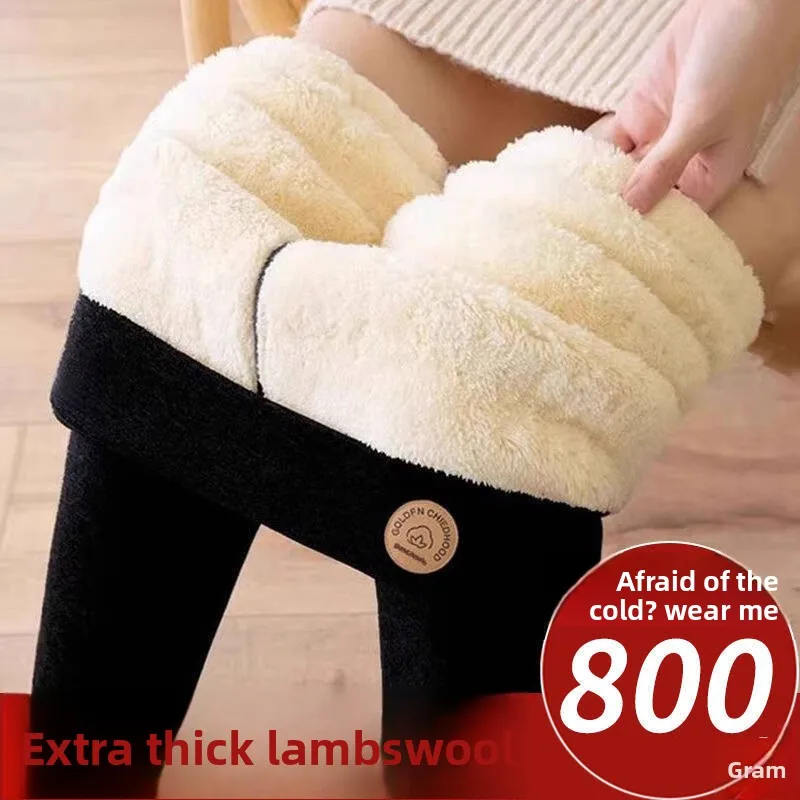 سراويل قطنية من جلد الخراف الأسود للنساء في الشتاء، سراويل سميكة من القطن الخالص، ملابس خارجية عالية الخصر