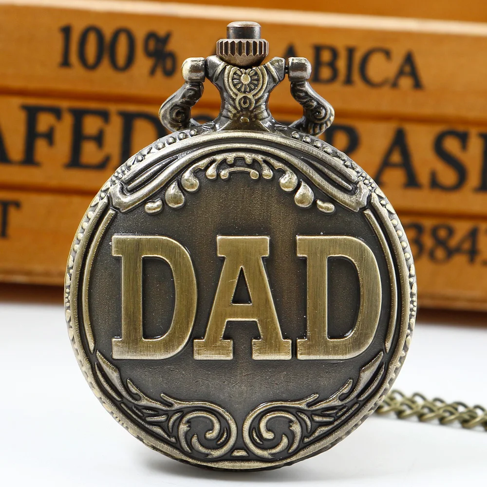 

Vintage Bronze Quartz Pocket Watch DAD Carved Design Necklace Jewelry Fob Clock Souvenir Birthday Gift for Dad