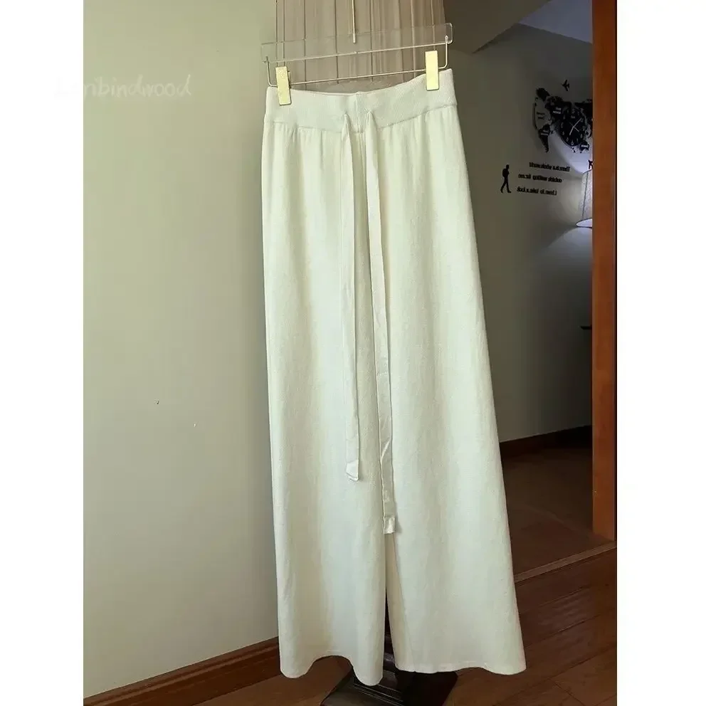 Pantalones de pierna ancha de punto Simple para mujer, Pantalones rectos gruesos de cintura alta, otoño e invierno, 2023