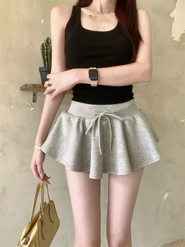 

Летняя модная женская юбка-шорты из однотонной ткани с эластичным поясом на шнурке, пышная, маленького размера, для улицы