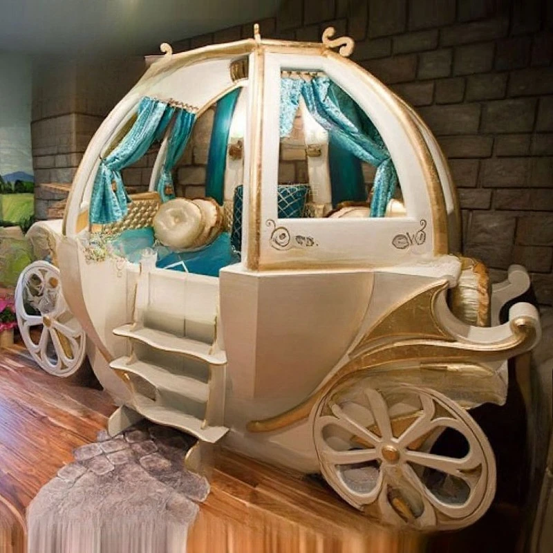 Cama infantil niña b ed, cama de carro creativa de madera maciza, carrito de calabaza
