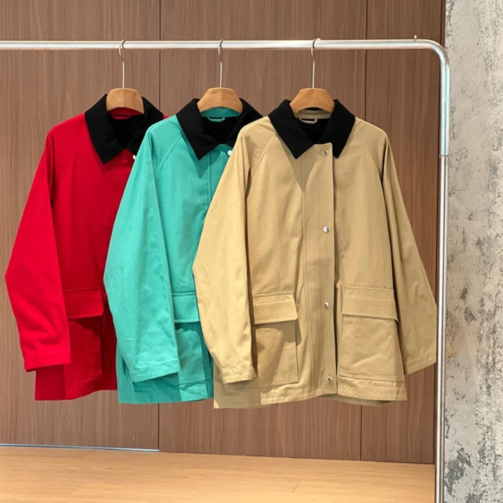 Retro Pure Cotton Oxford Cloth Jacket with Color-blocked Collar and Oversized Workwear Style