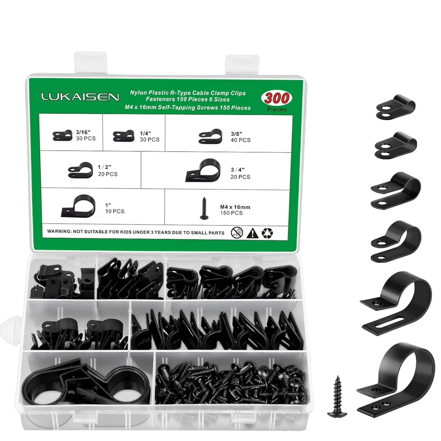 

Cable Clips, 300 Pcs Nylon R-Type Cord Organizer, 6 Sizes with Screws, Black