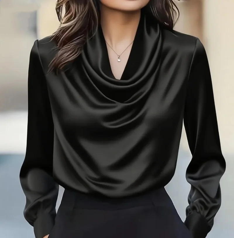 Autumn fashion elegant temperament solid colour simple swing collar long-sleeved shirt women