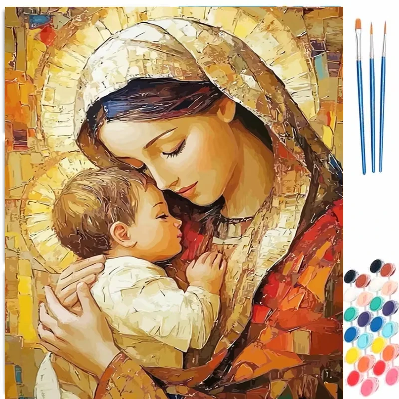 Malen nach Zahlen Madonna mit Jesuskind ohne Rahmen, Malset für Erwachsene, DIY Religiöse Bilder nach Zahlen auf Leinwand, handgemaltes Geschenk