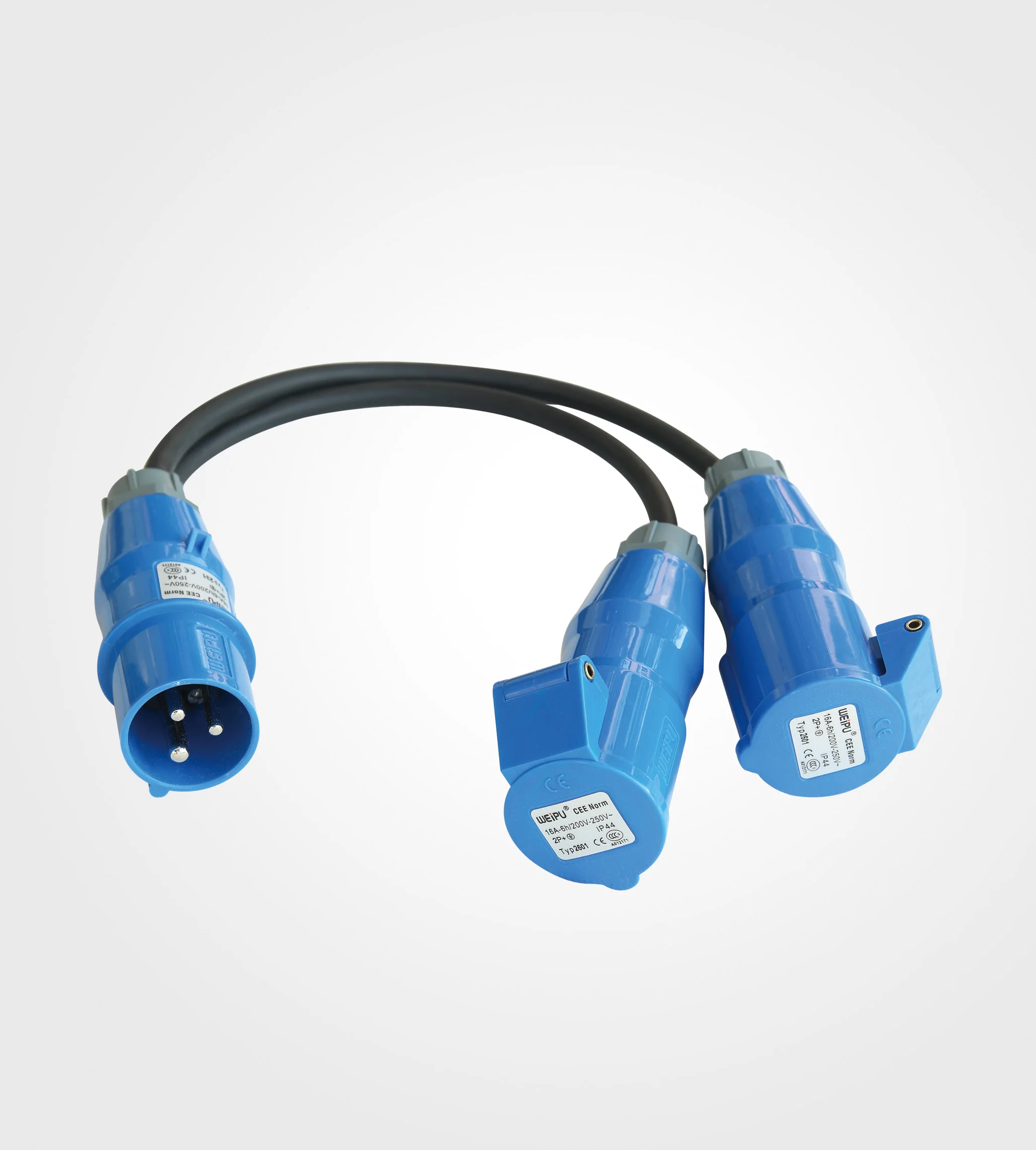 CEE Split Extension Cable Input With 16A/3pin CEE Type Plugs And Output 2way Of 16A/3pin CEE Type Sockets Flexible Cable