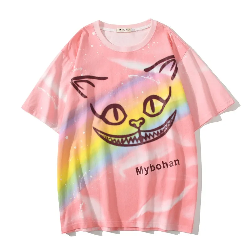 New Women's Short Sleeved Hip Hop Cartoon Rainbow Meow Gradual Loose T-shirt Top for Men and Women Couple Short Sleeved T-shirt