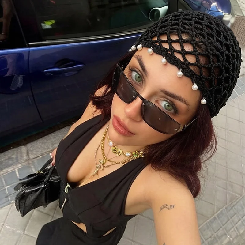 Korean Women Hollow Woven Pullover Beret Pearl Sequined Tassel Vintage Crochet Knott Headdress Hippie Headdress Knitt Turban Hat