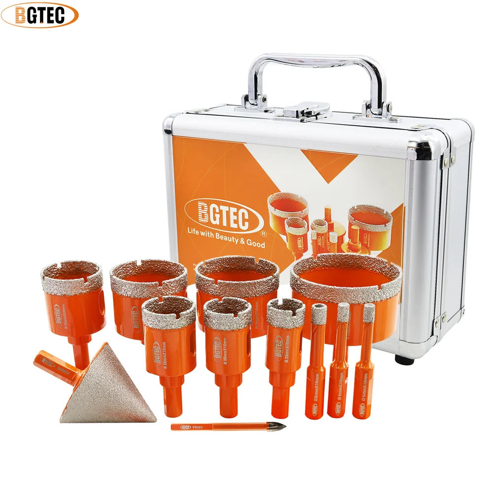 BGTEC 12 ชิ้น/กล่องเพชรเจาะ Core Bits ชุด 6/6/8/20/25/28/35/45/50/65 มม.+ 50 มม.Chamfer + เจาะตําแหน่งสามเหลี่ยม Shank กระเบื้องหินอ่อน