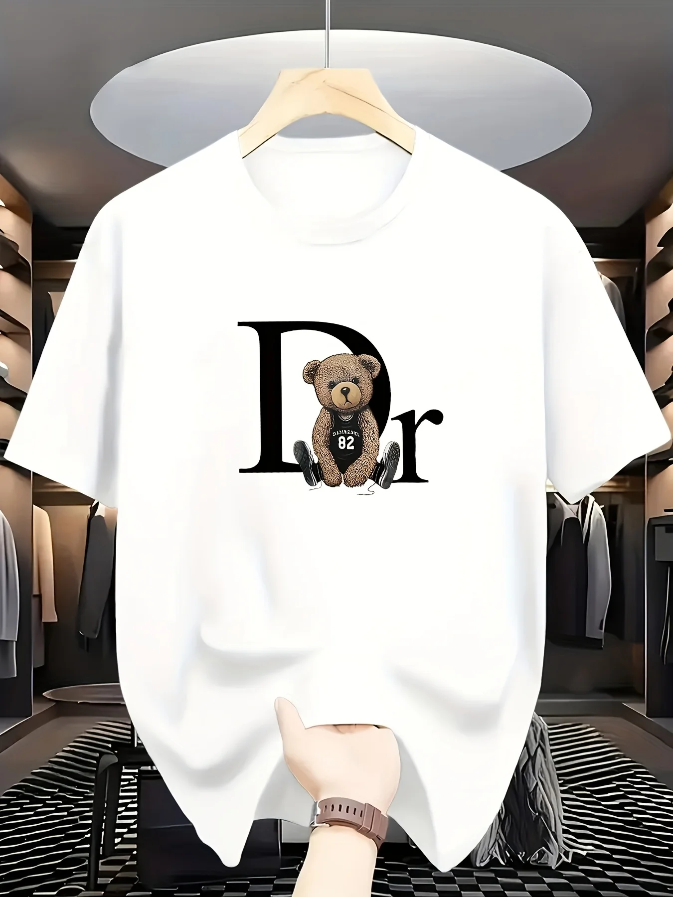 Sleeve Round Neck Casual Attire Playful Teddy Print Summer Casual Graphic T-Shirt Geometric Print Aesthetic Clothes