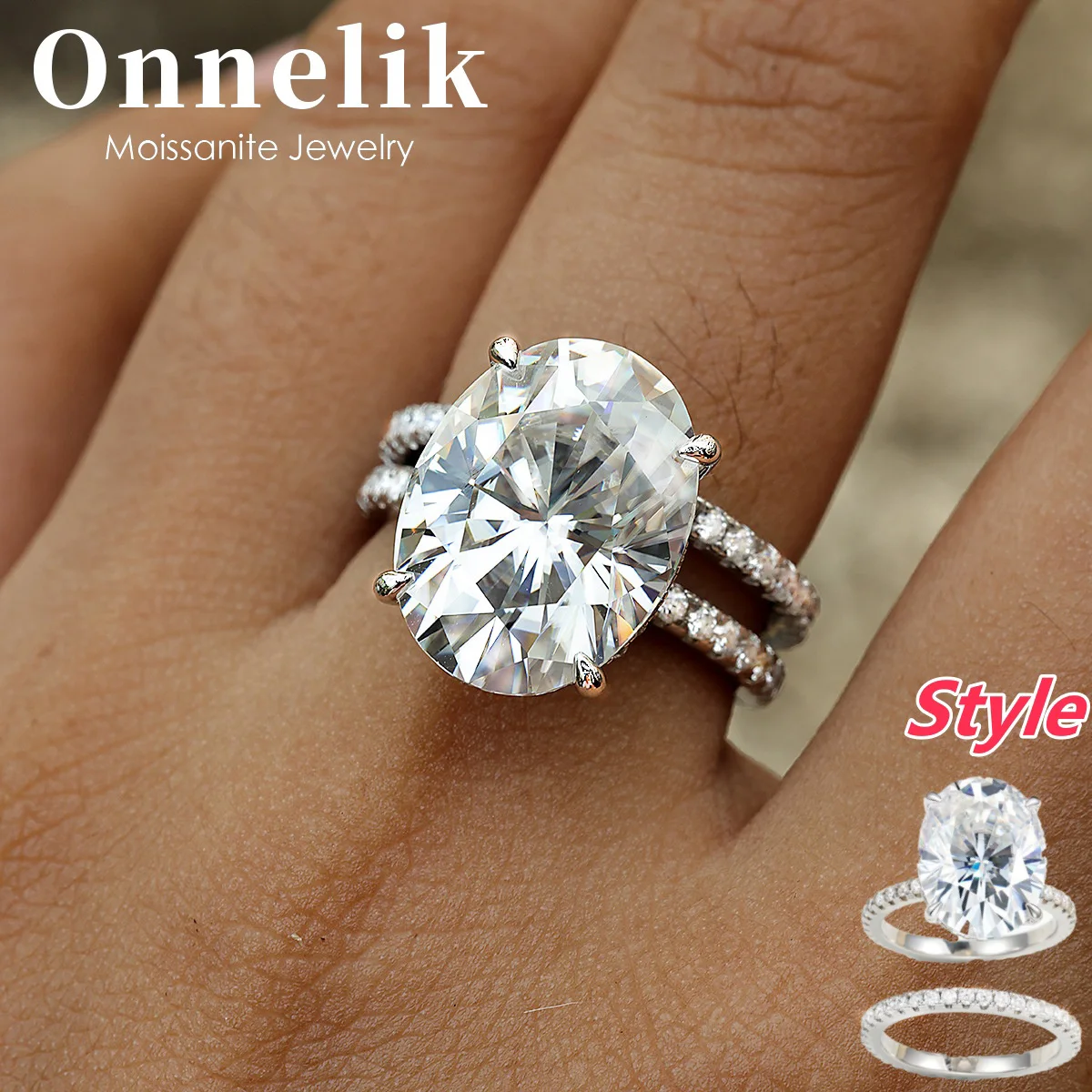 

Onnelik S925 Sterling Silver Full Pave Oval 10CT Moissanite Ring Oversized Pigeon Egg Sparkling Stackable Band Light Luxury Gift