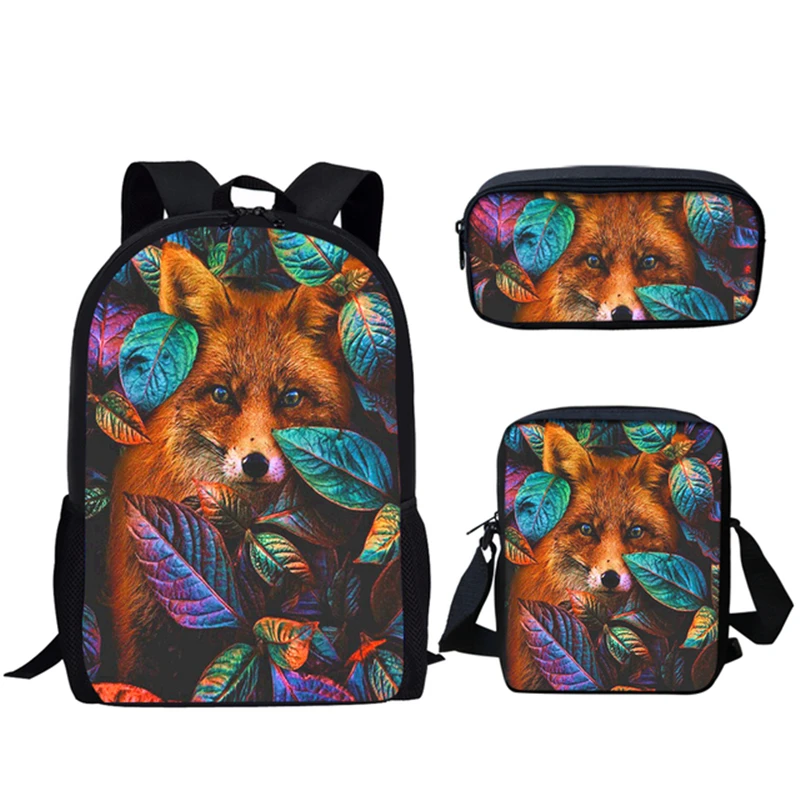 Creative Cool Fox Print 3Pcs School Bag Set Student Bookbag Laptop Daypack Lunch Bag Pencil Bag Teenager Daily Casual Backpack