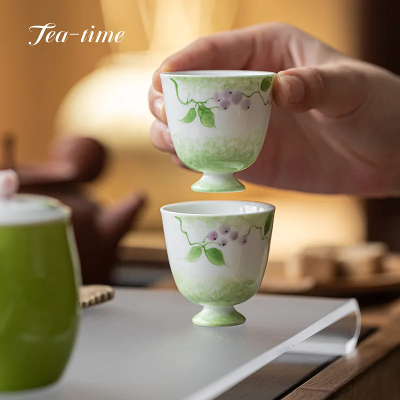 

Pure Hand Painted Grape Tea Cup Small Cup High-Footed Underglaze Color Tea Cups Single Cup Kung Fu Tea Set Teacups Pair Maker