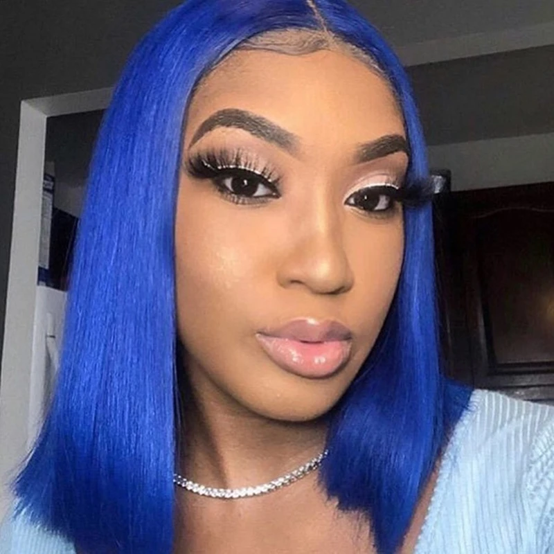 วิกผมบ๊อบสั้นสีน้ำเงินกรมท่าตรง วิกผมบ๊อบแบบมีเชือกผูกด้านหน้า 13x4 ผมแท้ 100% สำหรับผู้หญิงผิวสีดำ ผมบราซิล ขนาด 12 นิ้ว ลดราคา