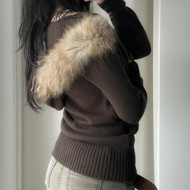 

Retro Casual Style Fur Collar Hooded Zipper Sweater Feminine Temperament Slim Autumn and Winter Jacket