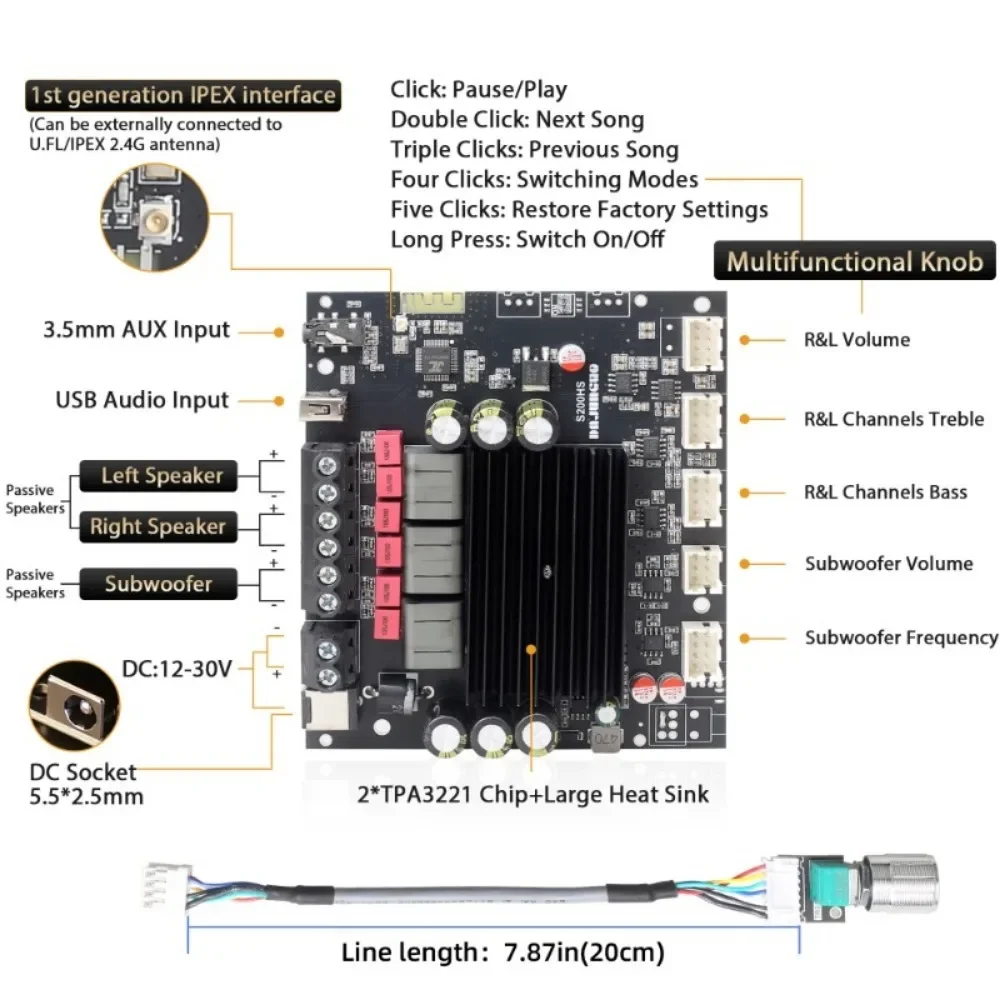 S200HS-W BT 디지털 앰프 보드, 2.1 채널 100W * 2 + 200W 서브우퍼 파워 오디오 스테레오 베이스 AMP, 12-24V