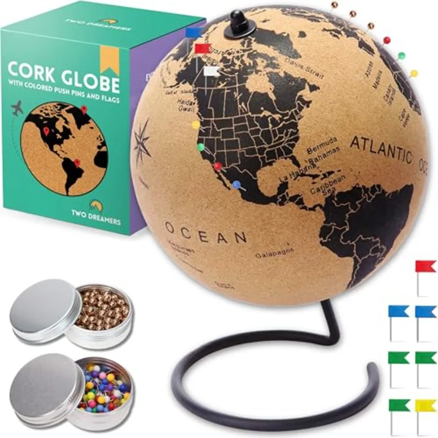 

Mini Cork Globe 7.5" Tall World Travel Map with Metallic and Colored Push Pins 3D World Map Pin Board for Home or Office Aesthe