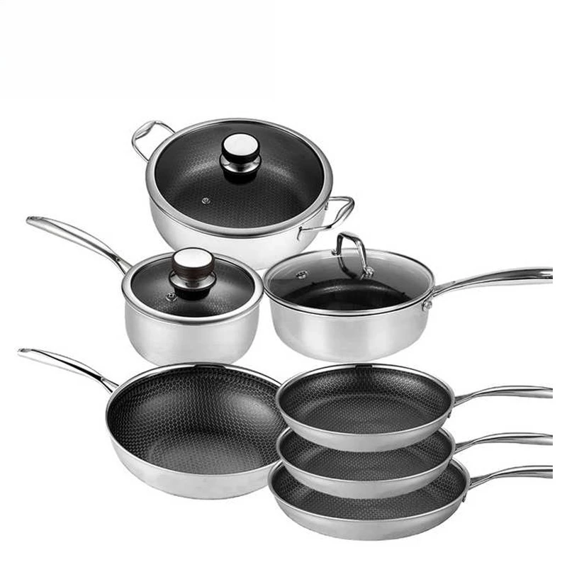 Manufacturer wholesale mixed cooker set with lid stainless steel wok 2.5mm kitchen utensils 3-layer honeycomb non-stick wok set