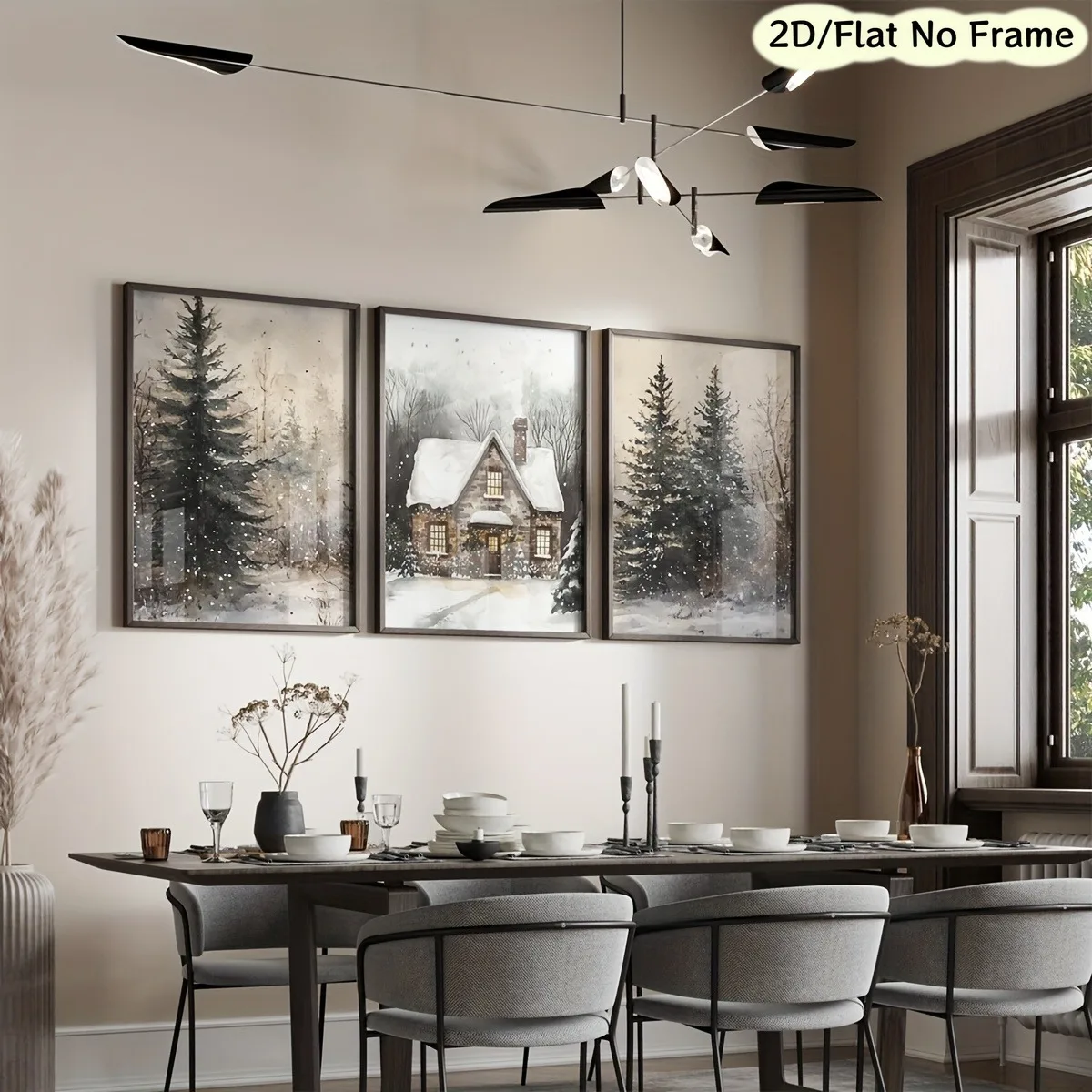 3Pcs Winter Snow Cottage Pine Canvas Poster Wall Art,2D Print Wall Decor,Festival Home Decoration For Living Room Bedroom