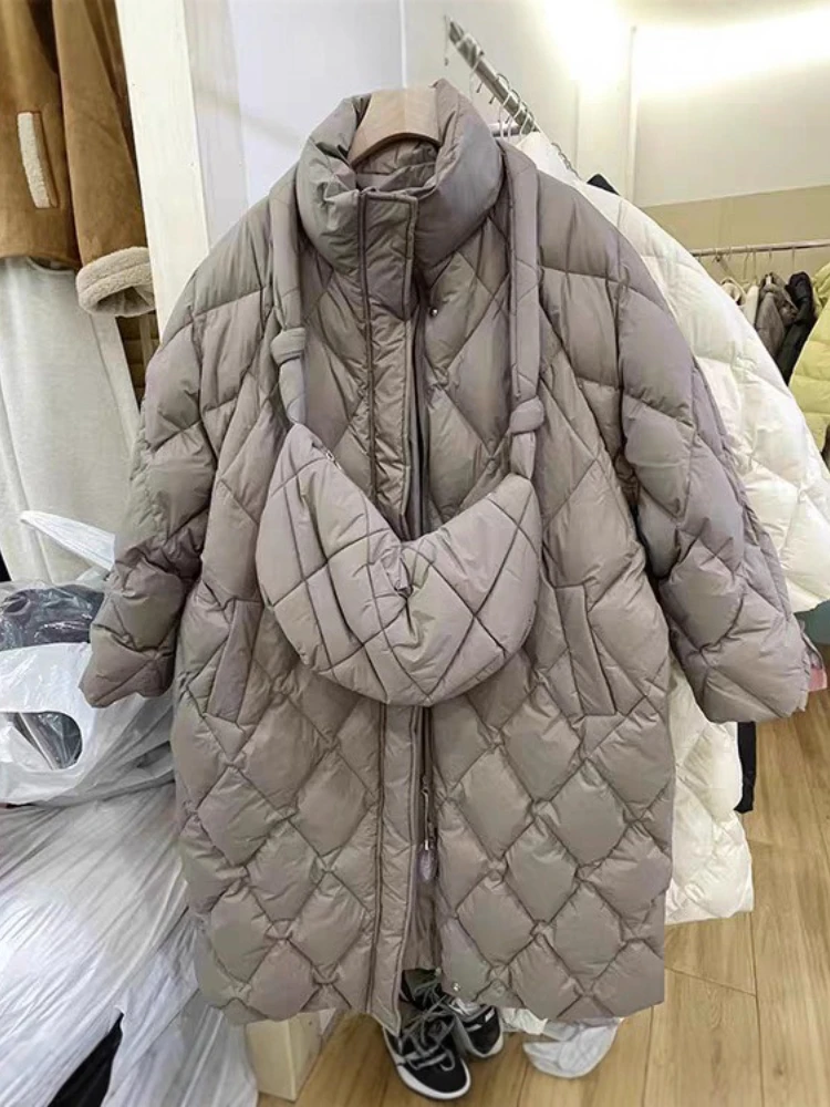 Oversized Down Jacket Korean Loose Matching Bag Mid-Length Parkas Women Winter Thicken Warm Stand Collar White Duck Puffer Coat