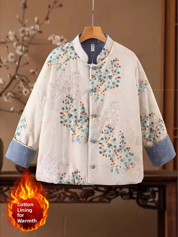 

Retro Chinese Sle Cotton Linen Print Warm Coat Loose Fit Long Sve Stand Collar Winter Top Women's Traditional Faion