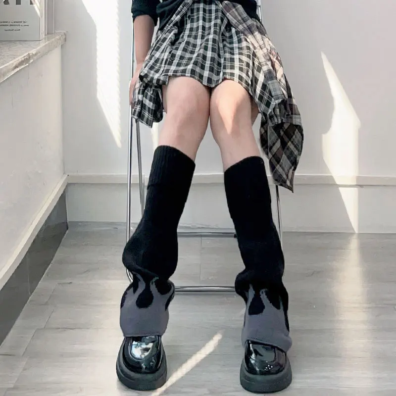 Lolita Knitted Wide Leg Socks for Warm Y2K Girls Calf Covers for Winter Leg Warmers Leg Socks Dark Gothic Punk Flame Leg Covers