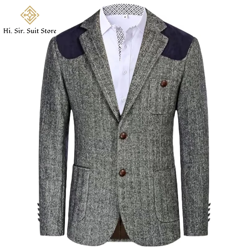 

British-style men's suit jacket Houndstooth tweed sports jacket Double-breasted formal jacket British-Style Men's Suit Jacket
