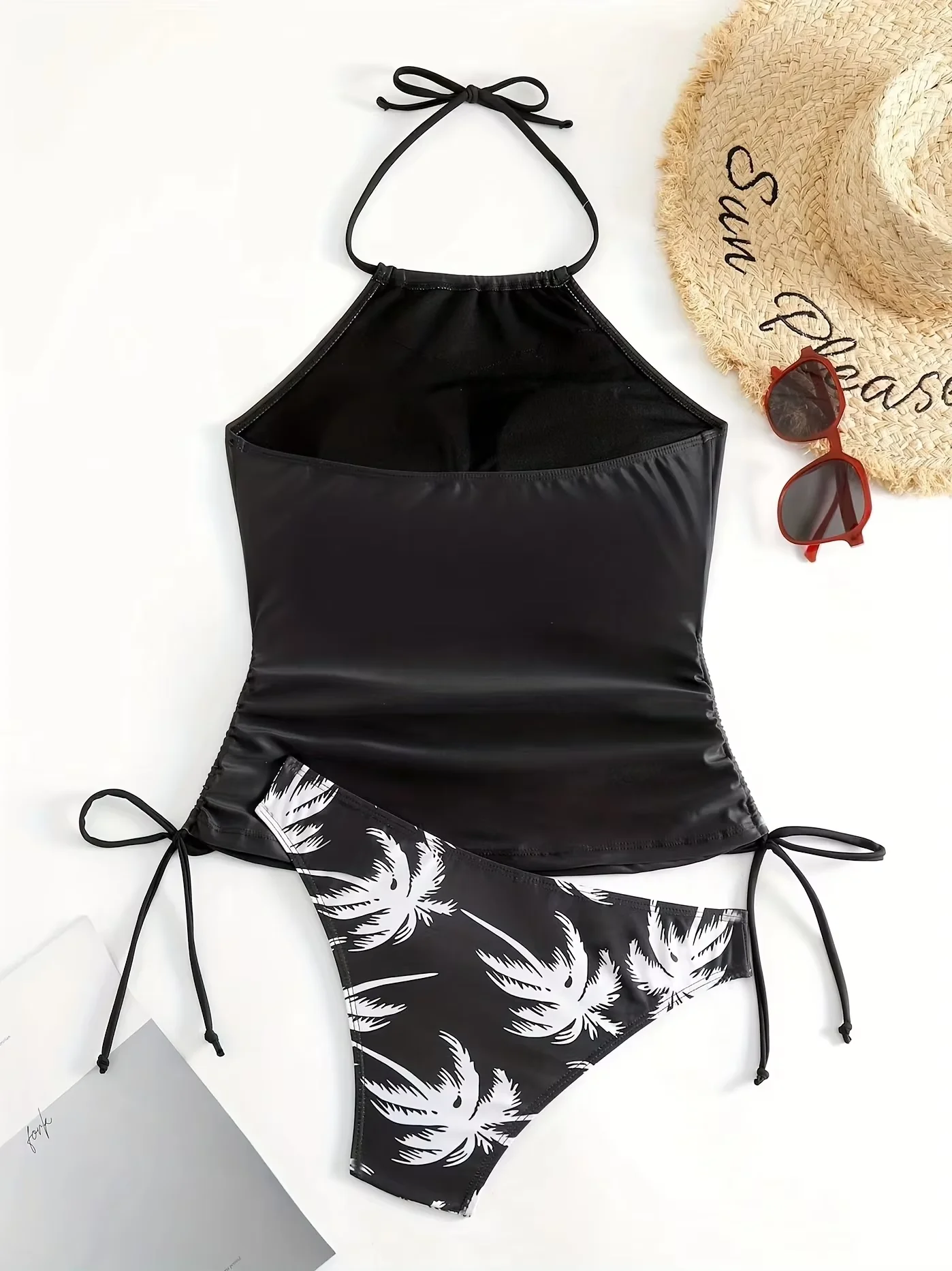 Women's Black Split Bikini Set with Coconut Print and Tie Up - view 3