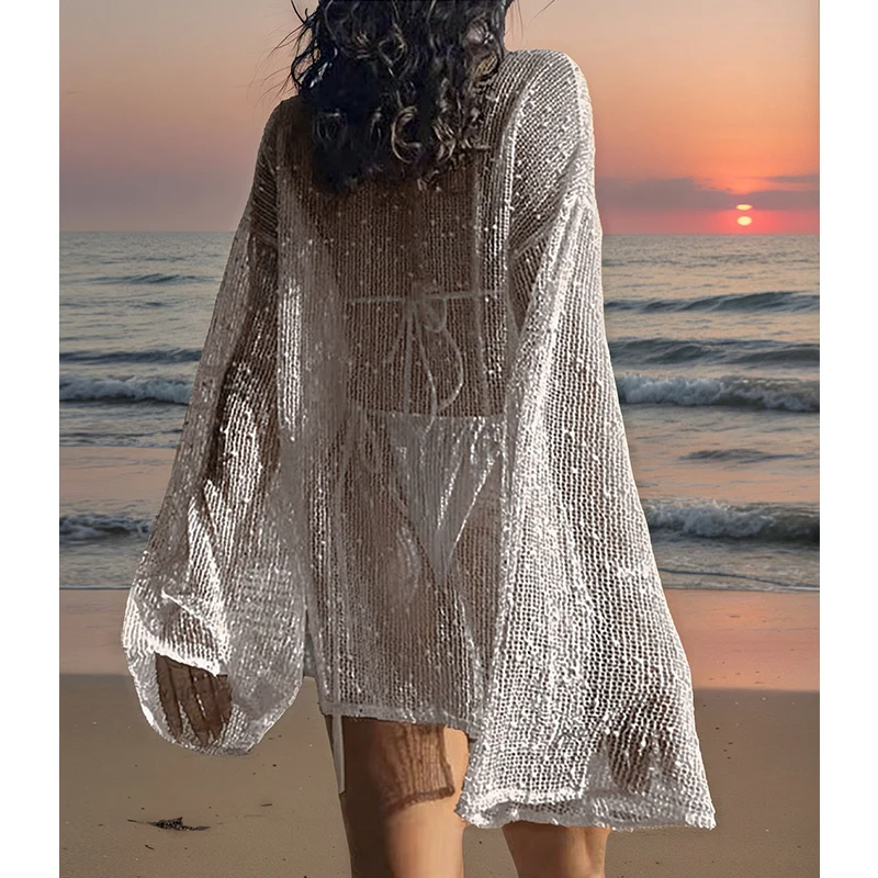 Lockeres, lässiges, einfarbiges Oberteil mit seitlichem Schlitz für Damen im neuen Stil, stilvolles und bequemes Design, ausgehöhlter, transparenter, sexy Strandüberzug