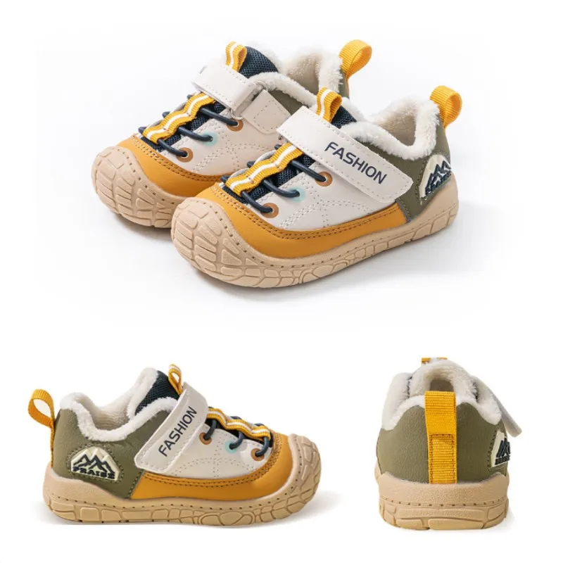 

Black baby wide toe walking shoes winter New warm dad shoes boys' non slip sports shoes girls' leather running shoes Size 16-26