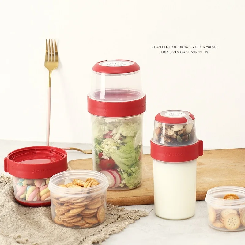 Taza para ensalada con compartimento de doble capa, recipiente portátil para cereales, yogur, fruta, caja de almacenamiento de alimentos, contenedor sellado, tazas para desayuno