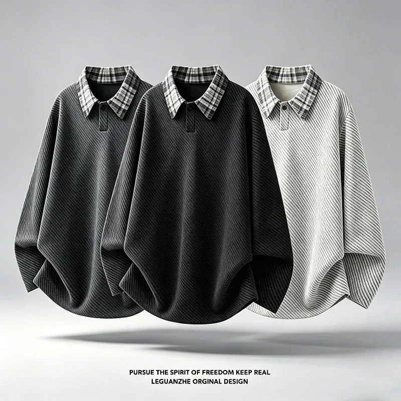 Mens Plaid Collar Long Sleeve Polo Shirt Autumn Textured Knit Loose Fit Casual Tops Contrast Collar Design Daily Wear Pullover