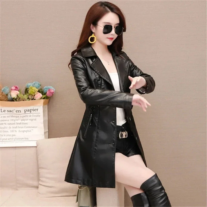 Pop Women Leather Jacket Spring Autumn New Long Women'S Leather Coat  Fashion Punk Female Motorcycle  Faux Leather  Streetwear