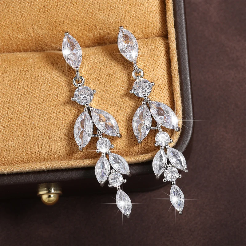 ZAKOL 2023 New Shiny Marquise Leaf Zircon Bridal Earrings AAA Cubic Zirconia Charming Design Drop Earring for Women Wedding