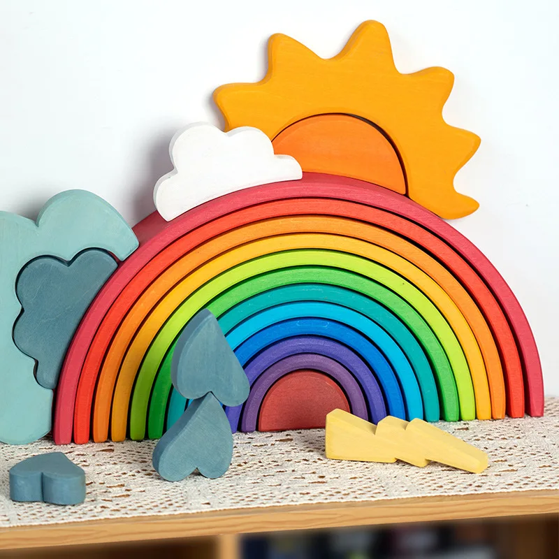 

Wooden Rainbow Blocks Nordic Montessori Children Stacker Creative Open Ended Kids Building Block Peg Doll Forest Tree Toys