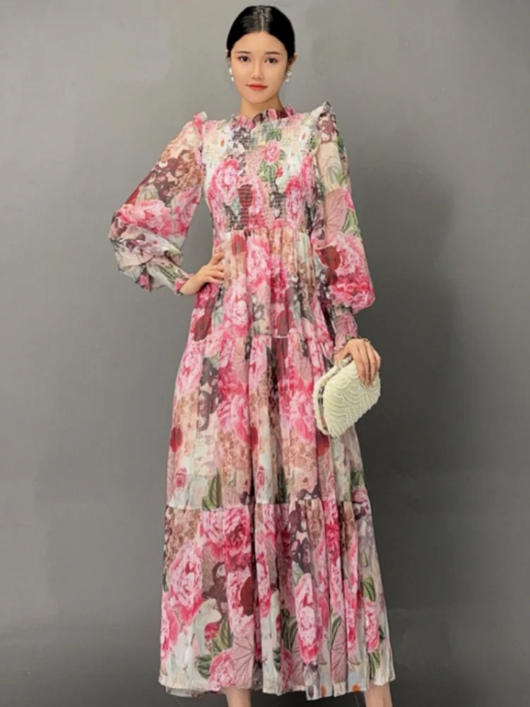 Vefadisa 2024 Autumn New Pink Floral Women Dresses Stand Collar Long Sleeve Swing Dress Casual Fashion Elegant Dress ZXY998A