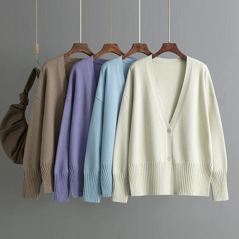 

New Fashion Women's Autumn and Winter Loose V-Neck Cardigan Sweater Knitted Small Fragrant Style Solid Color Jacket CQ160