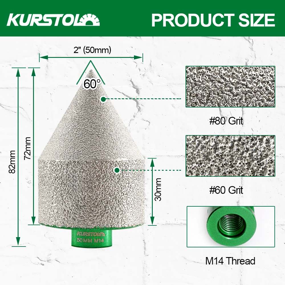 KURSTOL 2pcs 50mm M14 or 5/8-11 Diamond Chamfer Bit Grinder Cone Tile Granite Marble Porcelain Polishing Milling Bit Finger Bit