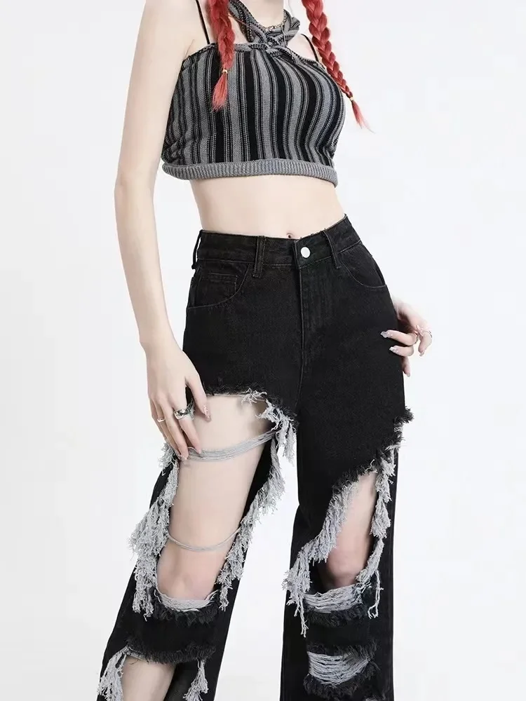 Gescheurde jeans Koreaanse kleding Vrouw Trekkoord Elastische taille Ontspannen losse pasvorm Dames Vrouwelijke broek Denim Mode Comfortabel