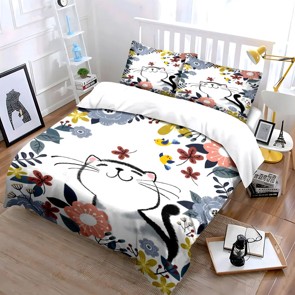 Cat with colorful floral frame Duvet Cover Set with 3D Printing Design Soft Polyester Bedding Set All-Season Comfort for gifts