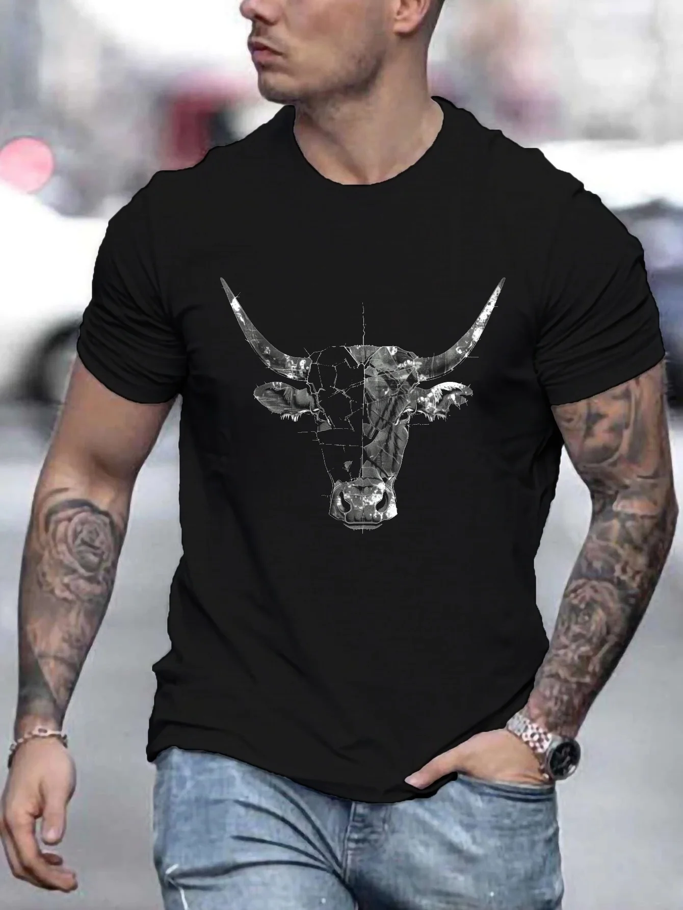 Plus Size Men's Bull Graphic Print T-shirt, Casual Short Sleeve Crew Neck Tee for Outdoor, Men's Clothing