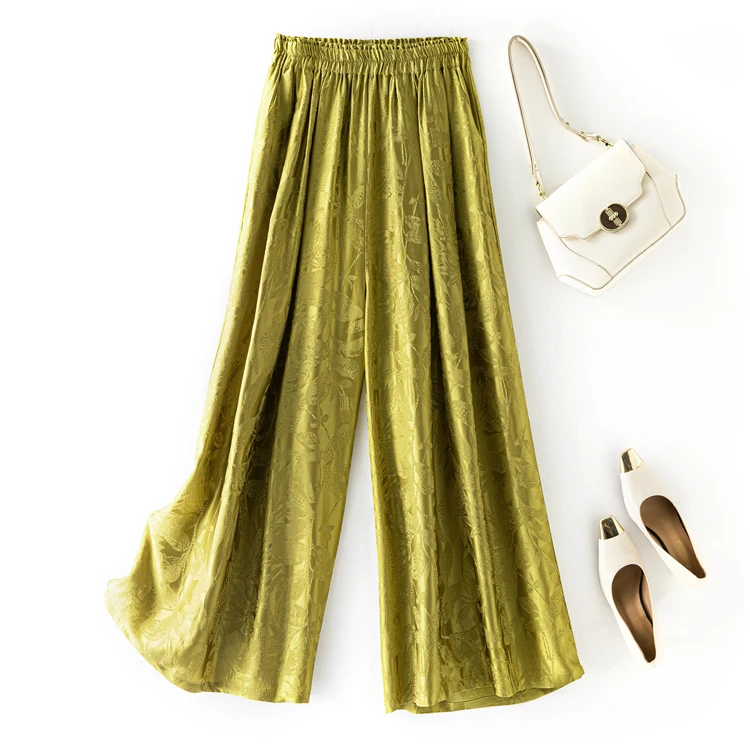 100% Natural Mulberry Silk Jacquard Satin Autumn Fragrance Green Elastic Flower Bud Waist Loose Women's Summer Wide Leg Pants
